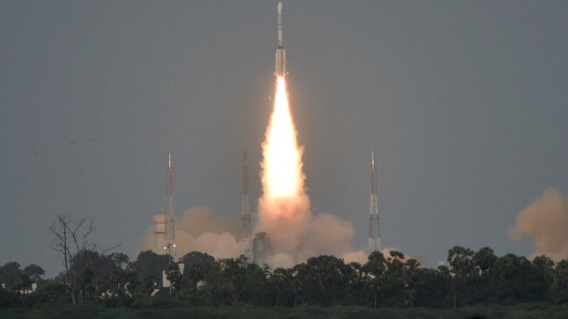 India's Geosynchronous Satellite Launch Vehicle Mk II carrying the NASA-ISRO Synthetic Aperture Radar, or NISAR satellite, lifts off from the Satish Dhawan Space Centre in Sriharikota, India, July 30, 2025. REUTERS/Stringer