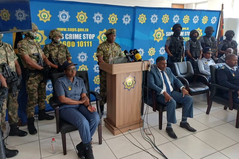 Police commissioner of KZN Lt-Gen Nhlanhla Mkhwanazi, accompanied by his deputies, district commanders and tactical members, addresses a special operational press briefing at the KZN police headquarters in Durban.