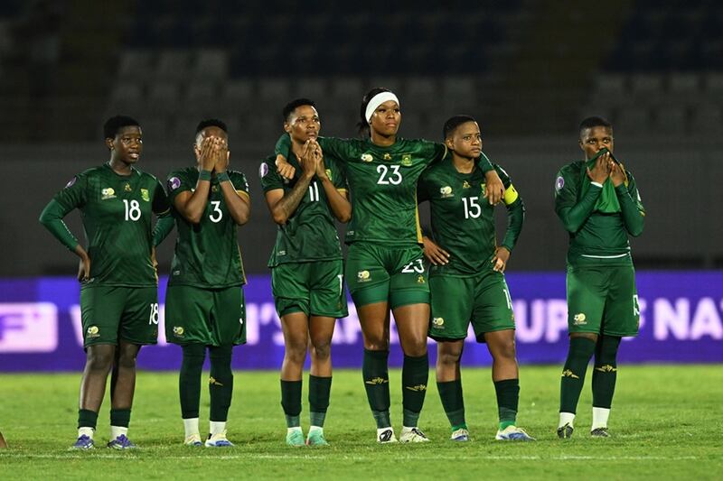 Banyana Banyana players during the penalty shoot-out of the Women's Africa Cup of Nations third-place playoff against Ghana at Stad Larbi Zaouli in Casablanca, Morocco on July 25.